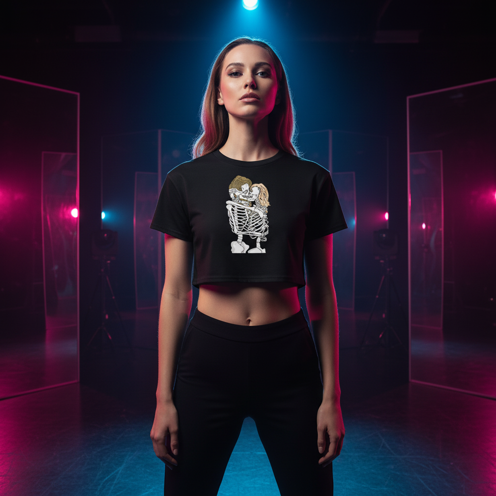 Queer Skeletons Crop Top worn by a woman under neon pink and blue lights, reflective panels and studio gear give pride vibes.
