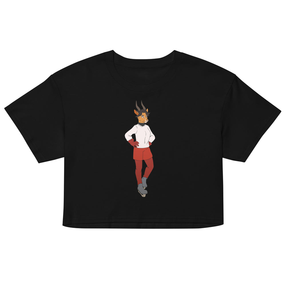 Front view of a black crop top with a centered horned cartoon character in red and white clothing