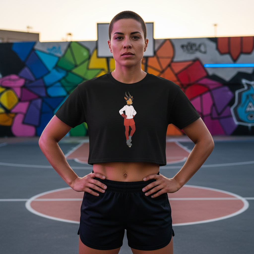 Sporty Dyke Crop Top in black, worn by a buzzcut queer on a basketball court; bold graffiti covers the wall behind them.