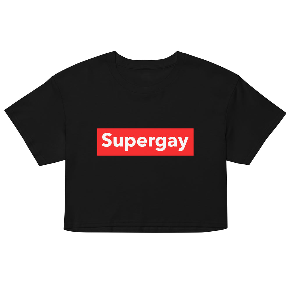Front view of a black cropped T-shirt with white “Supergay” text on a red rectangle