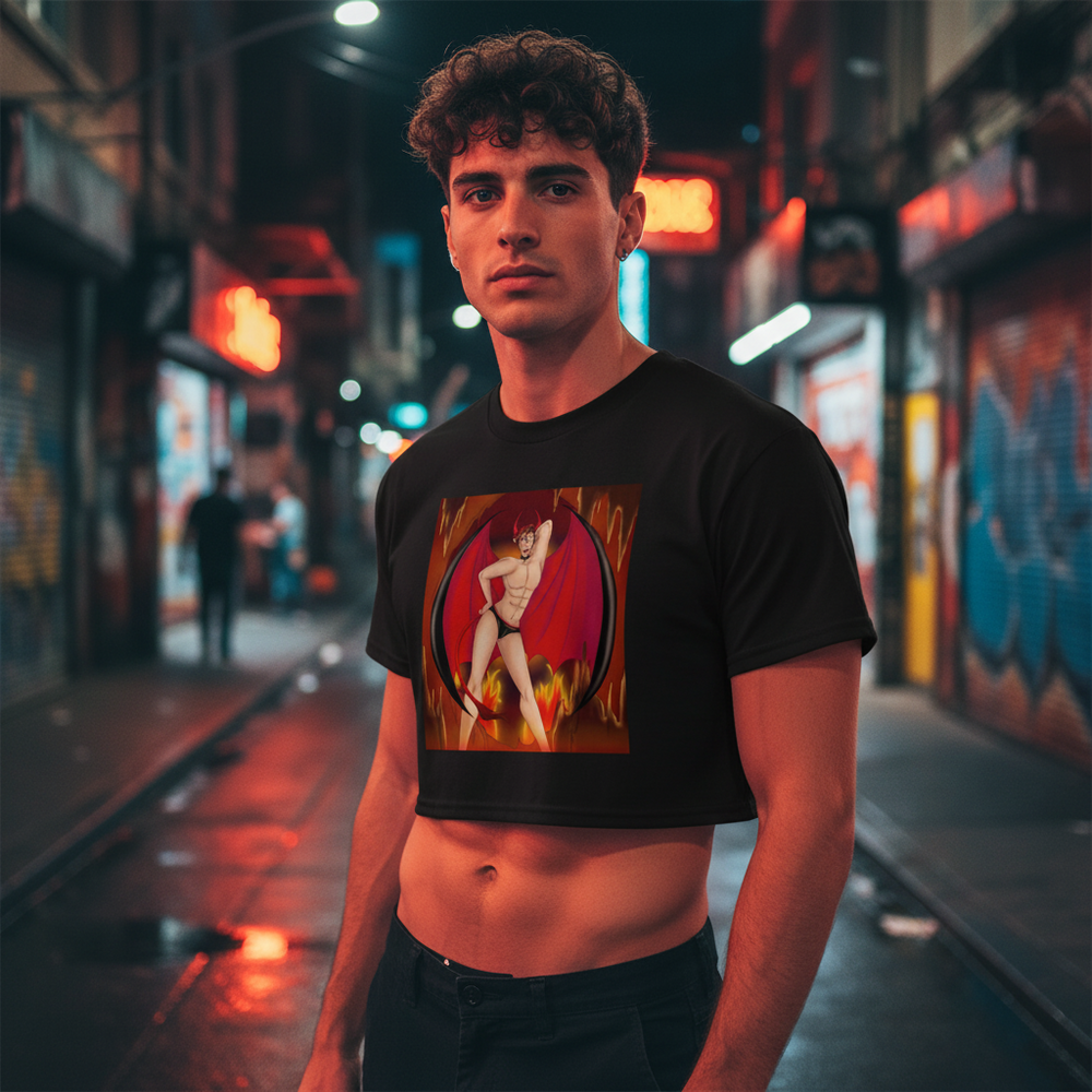 The Demon Of Homosexuality crop top with a winged figure in flames, worn by a curly-haired guy in neon-lit queer city alley.