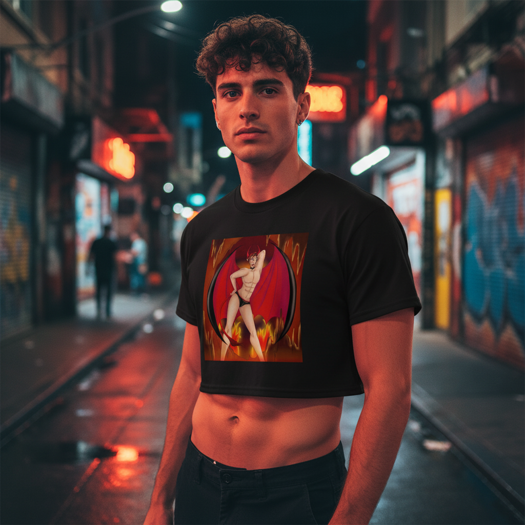The Demon Of Homosexuality crop top with a winged figure in flames, worn by a curly-haired guy in neon-lit queer city alley.