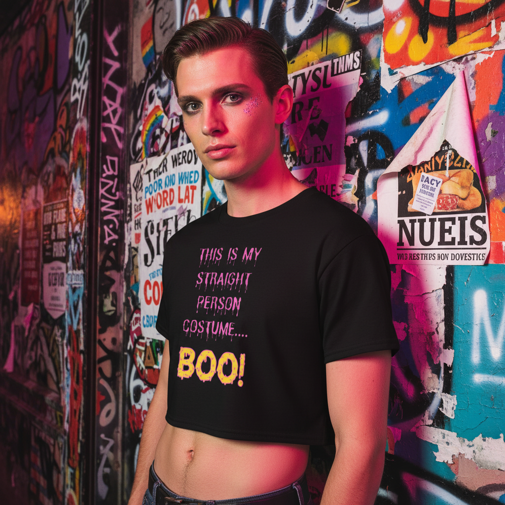 This Is My Straight Person ...Boo! Crop Top," worn by a short-haired queer youth, pops against graffiti and pink lighting.