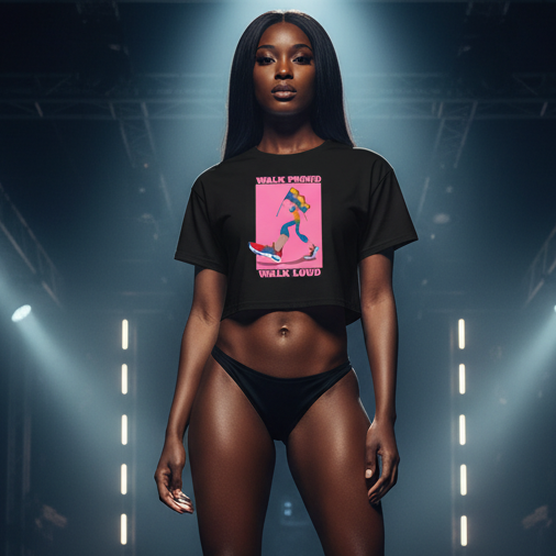 Dark-skinned woman on a runway wearing the Walk Proud Walk Loud Crop Top, a black shirt with colorful text celebrating queer pride and visibility, paired with black bikini bottoms, embodying empowerment and self-expression.