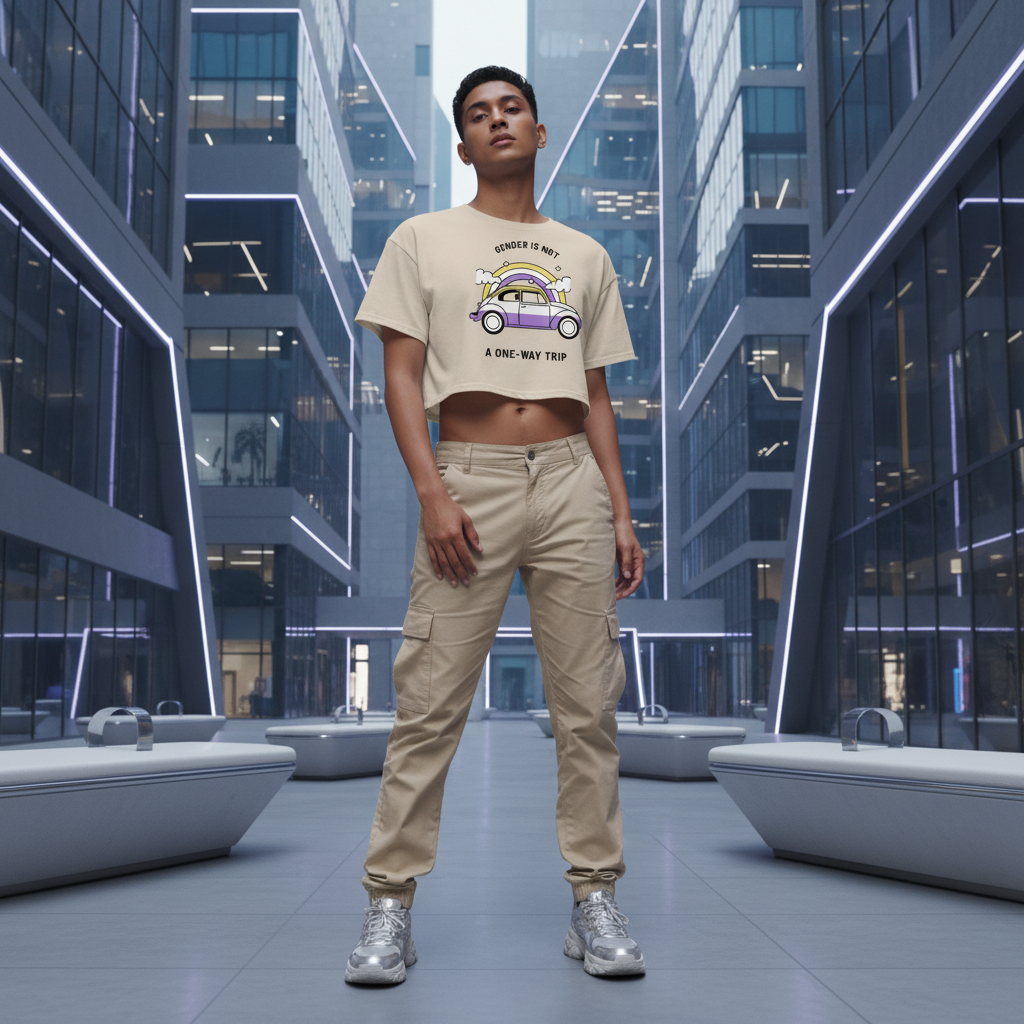 Beige "Gender Is Not A One-Way Trip" crop top with a vibrant car graphic, beige cargos, silver kicks; blue neon plaza vibes.