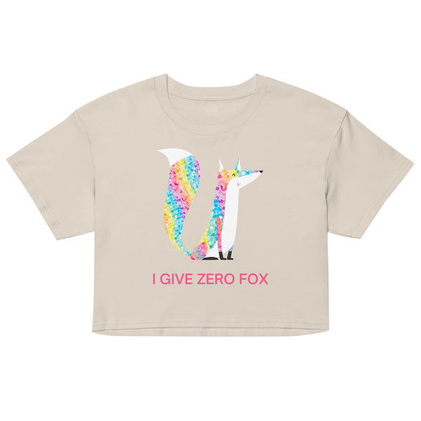 Front-facing beige crop top with a colorful glitter-style fox graphic and “I GIVE ZERO FOX” text