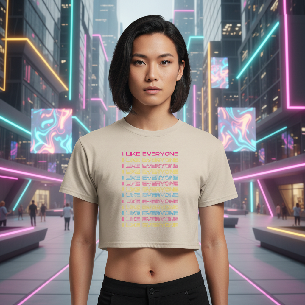 I Like Everyone crop top with repeated pink and yellow text, worn by a queer person on a neon-lit street for Pride fashion.