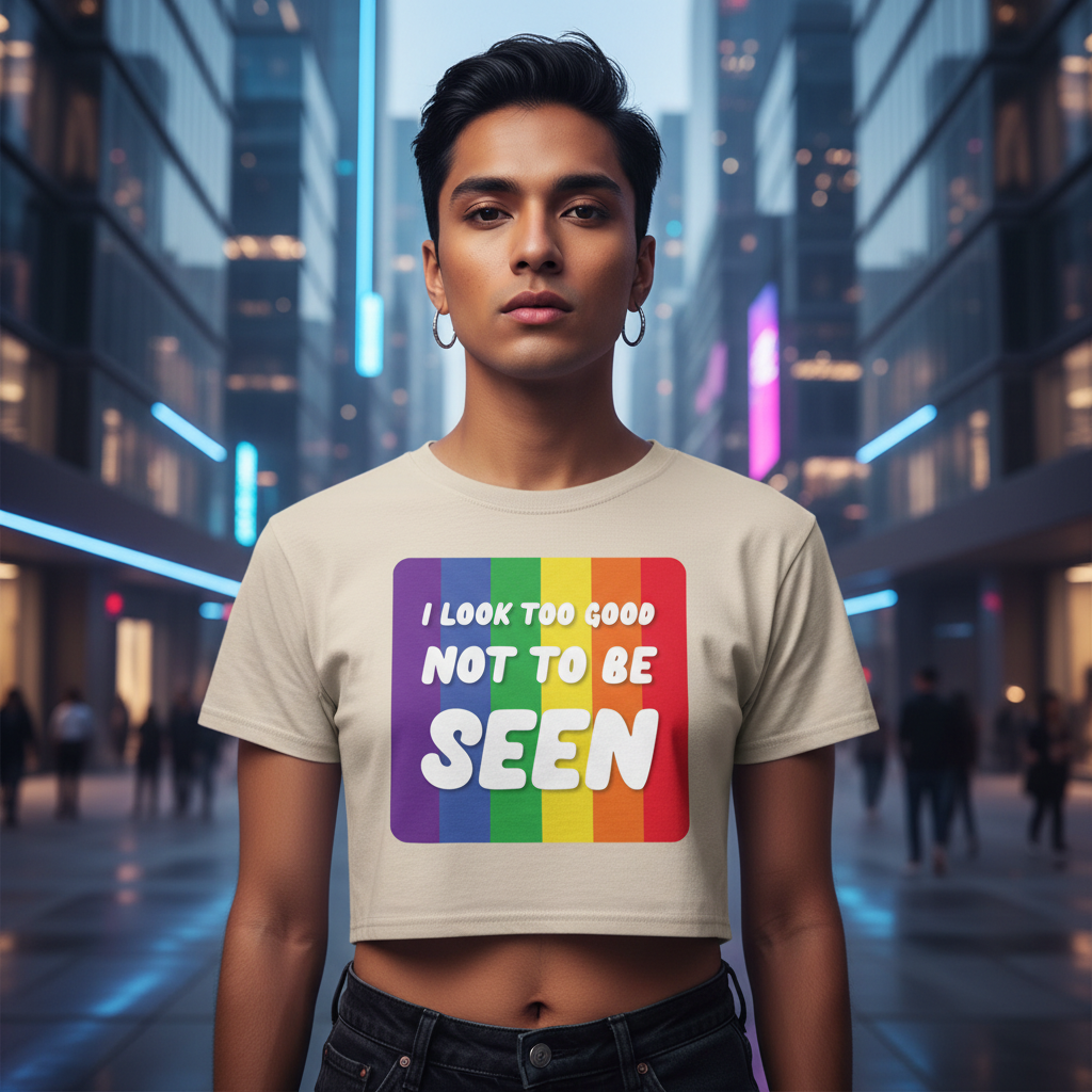 Crop top with "I Look Too Good" slogan and rainbow-striped square, worn by a confident queer person in a neon-lit city at dusk.
