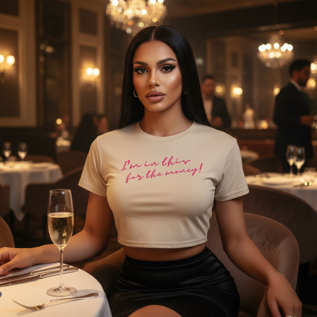 Young woman in a light-beige I'm In This For The Money crop top, celebrating self-expression and queer confidence at an elegant restaurant table, embodying empowerment and prideful visibility.