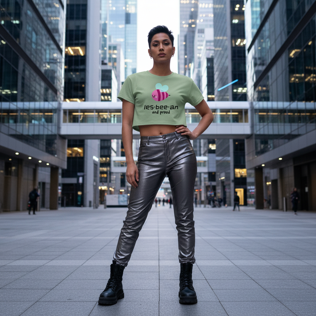Les-Bee-An And Proud Crop Top with a pink bee and pride text, paired with metallic silver pants and black boots in city plaza.