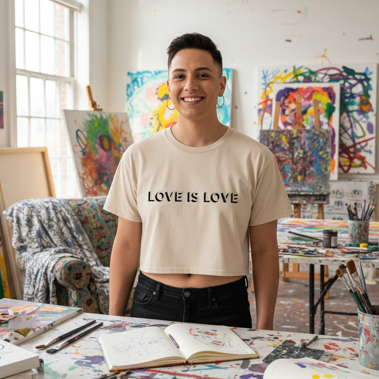 Person in an art studio wears the Love Is Love Crop Top, showcasing its beige fabric and empowering message, surrounded by paint supplies and canvases, embodying vibrant queer creativity and self-expression.