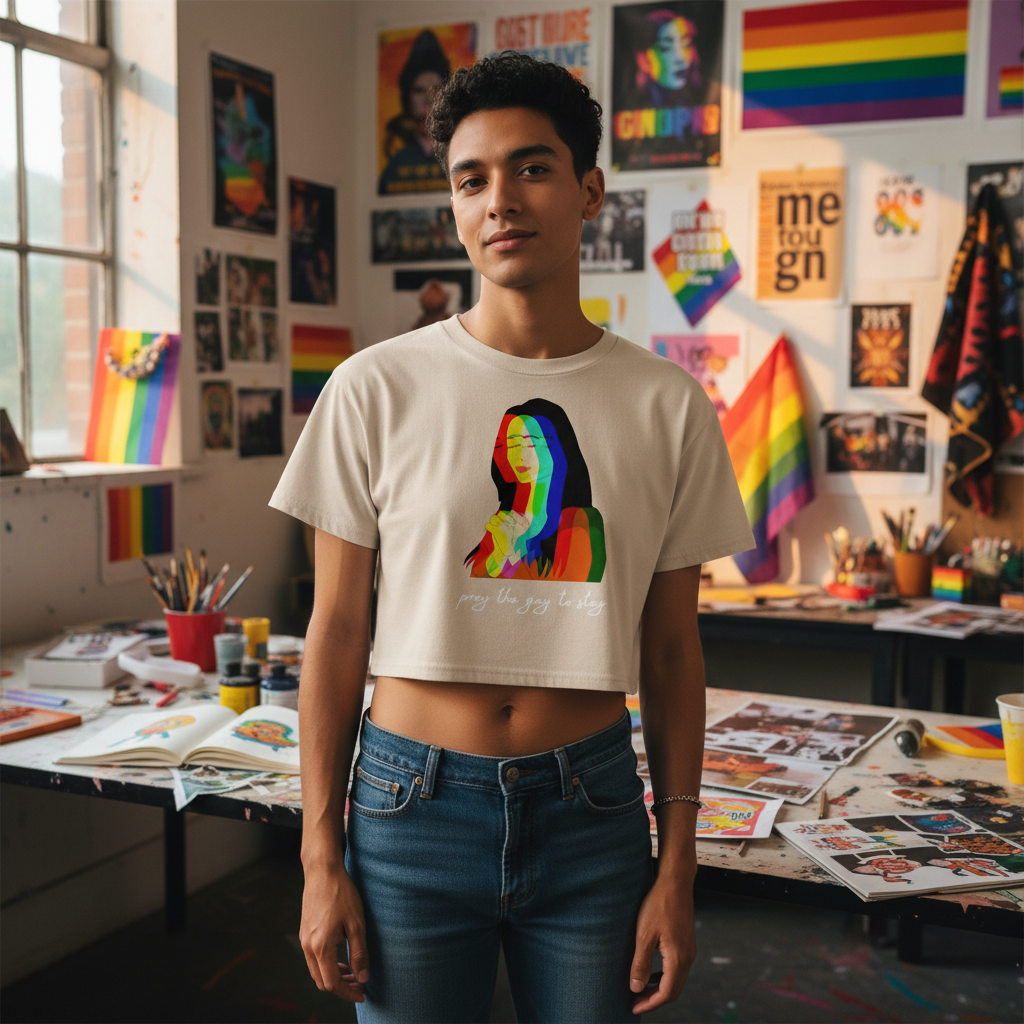 Pray The Gay To Stay crop top featuring a rainbow woman’s portrait, worn by a short-haired queer in an art studio with pride flags.