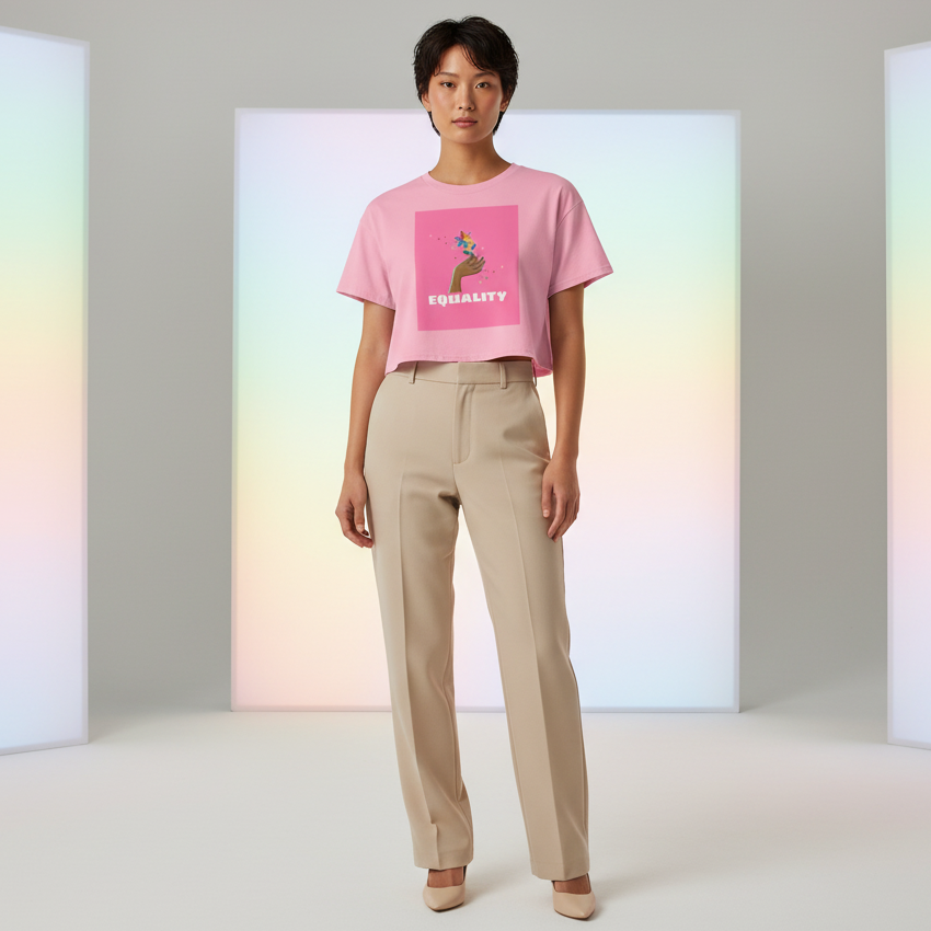 Front-facing model wearing a pink cropped T-shirt with a hand-and-confetti graphic and “EQUALITY” text