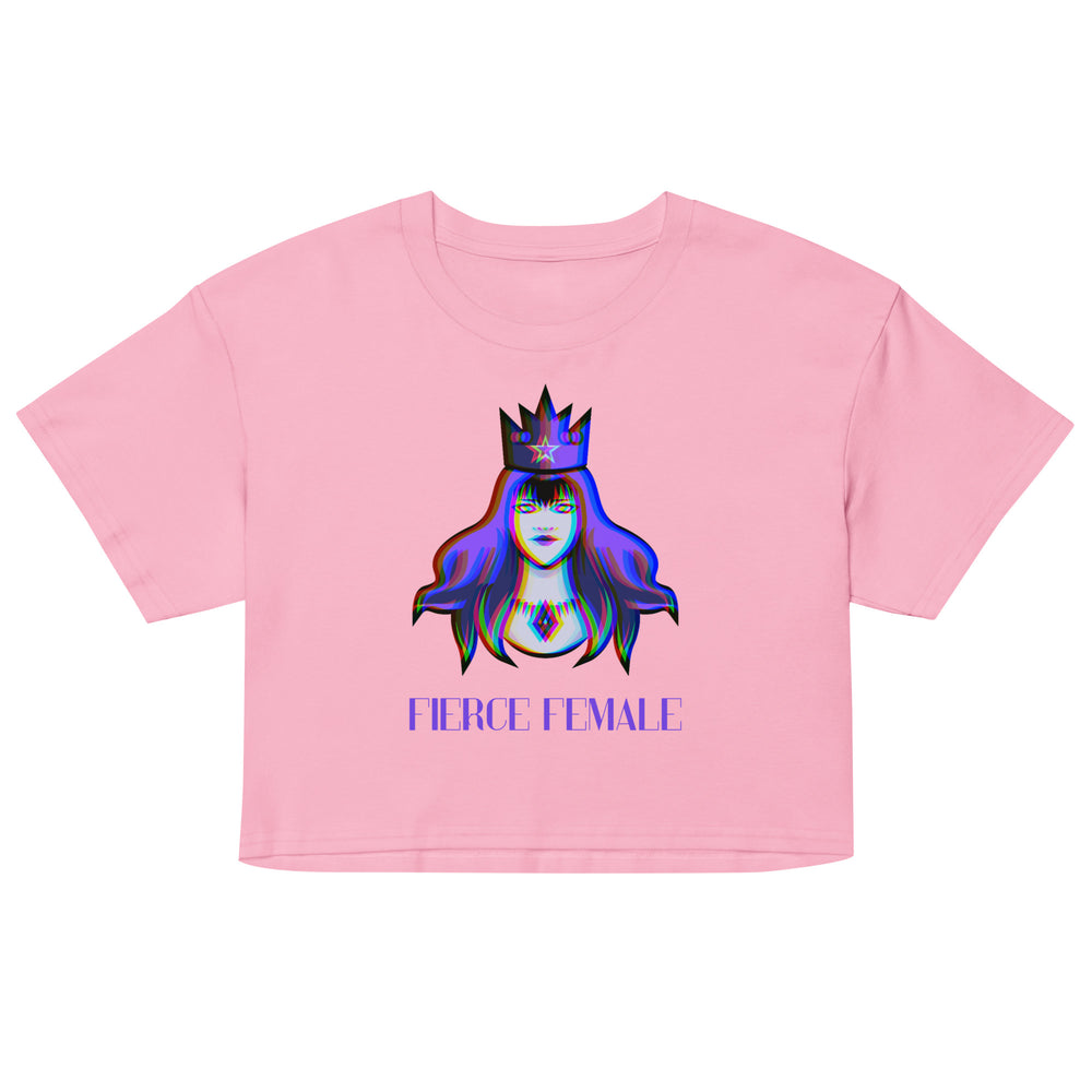 Front view of a pink crop top with a crowned illustrated woman and “FIERCE FEMALE” text