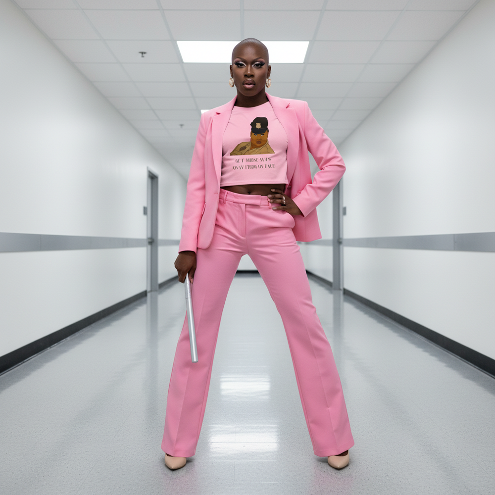 Front-facing model wears a pink graphic crop top under a pink suit, holding a silver baton