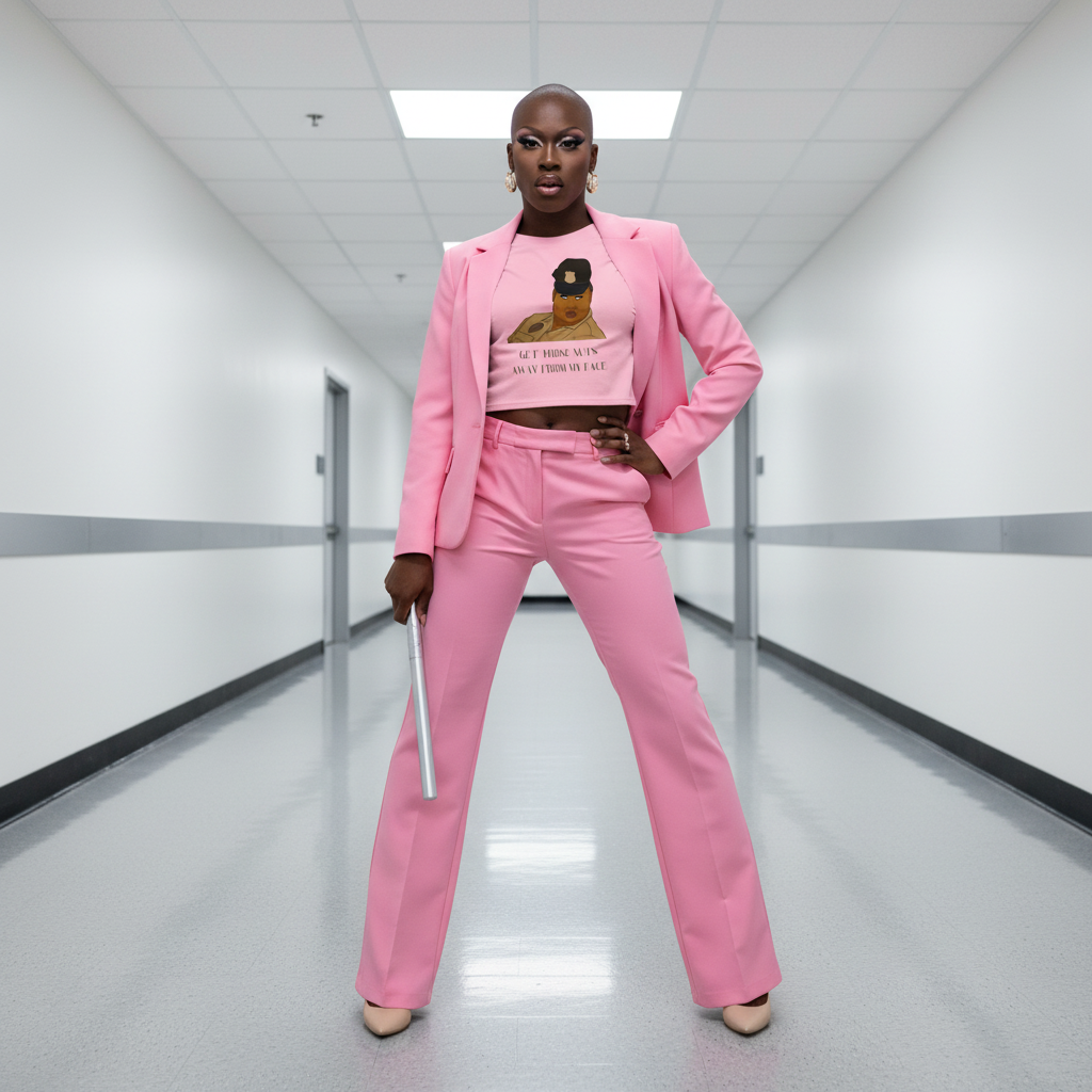 Front-facing model wears a pink graphic crop top under a pink suit, holding a silver baton