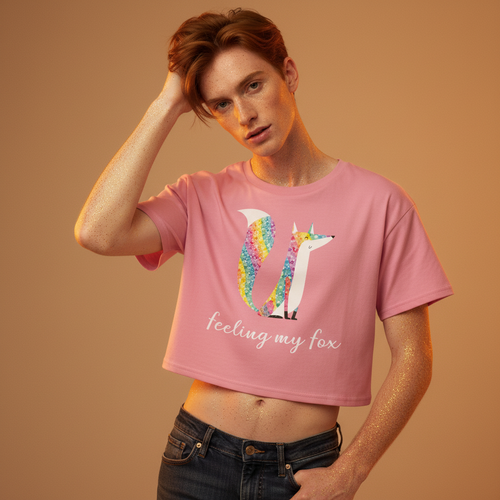 A young person models the Glitter Fox Crop Top, showcasing a rainbow fox design and the phrase “feeling my fox,” paired with dark jeans. The top celebrates queer identity with bold, joyful energy.