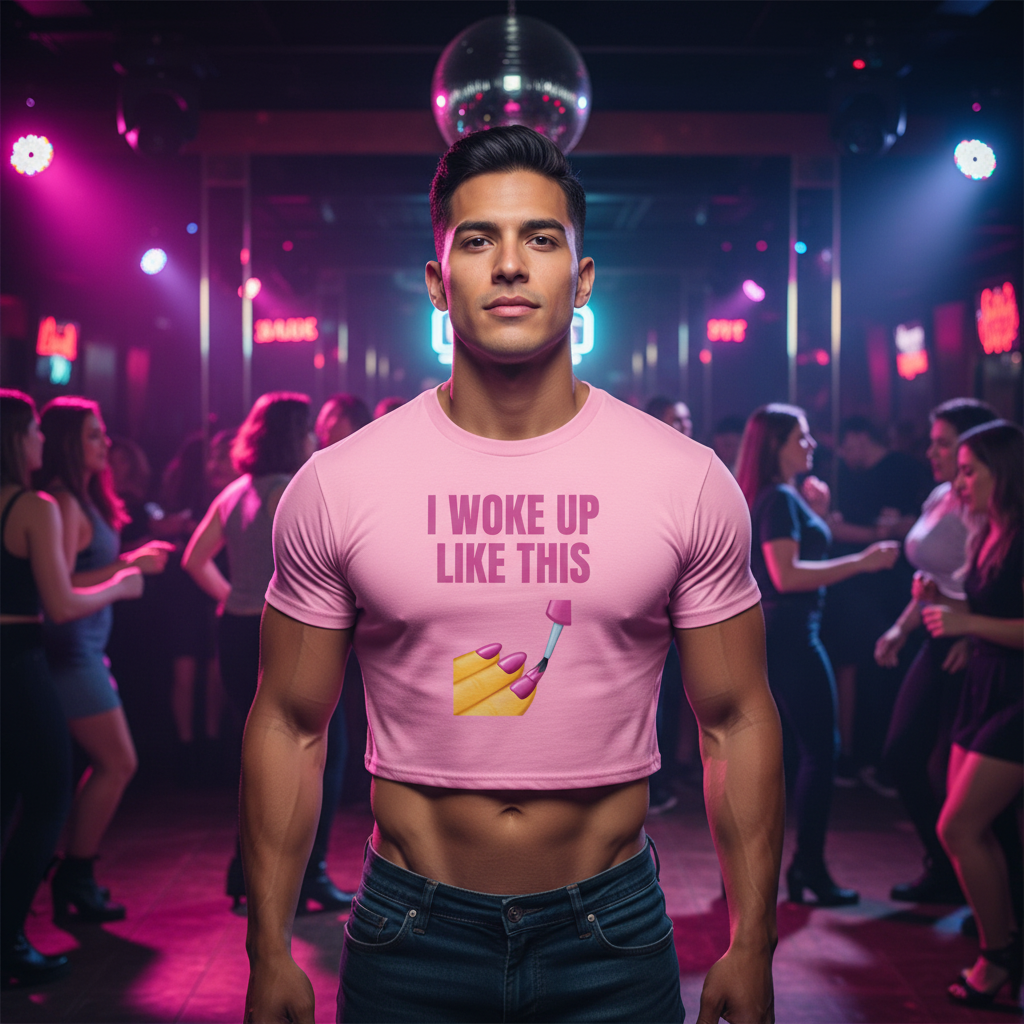I Woke Up Like This" crop top in soft pink, rocked by a young man at a queer-friendly club with vibrant lights and dancing.