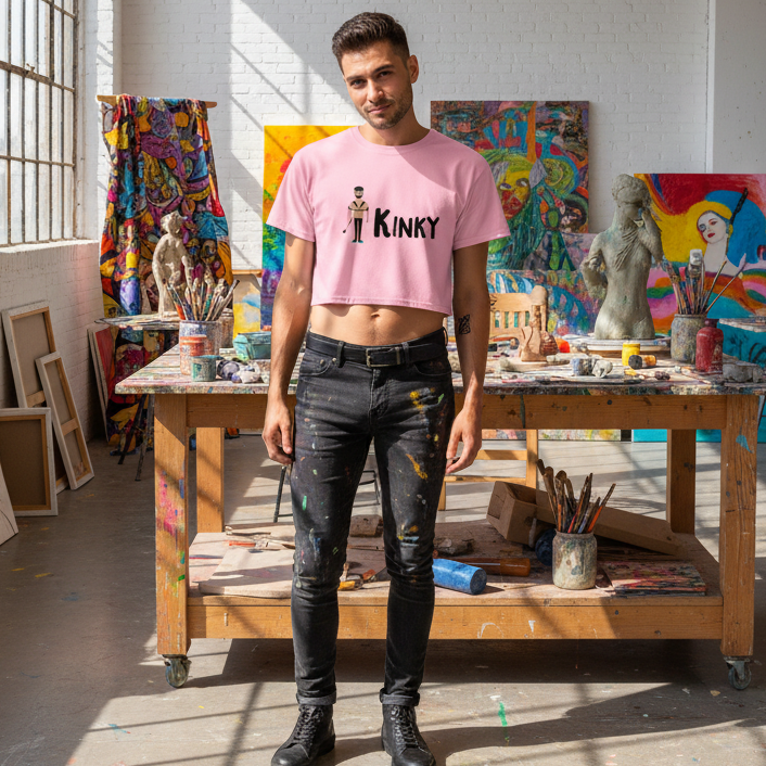 Kinky Crop Top: pink tee with "KINKY" slogan, worn by a man in paint-splattered black jeans, posing in a sunlit queer art studio.