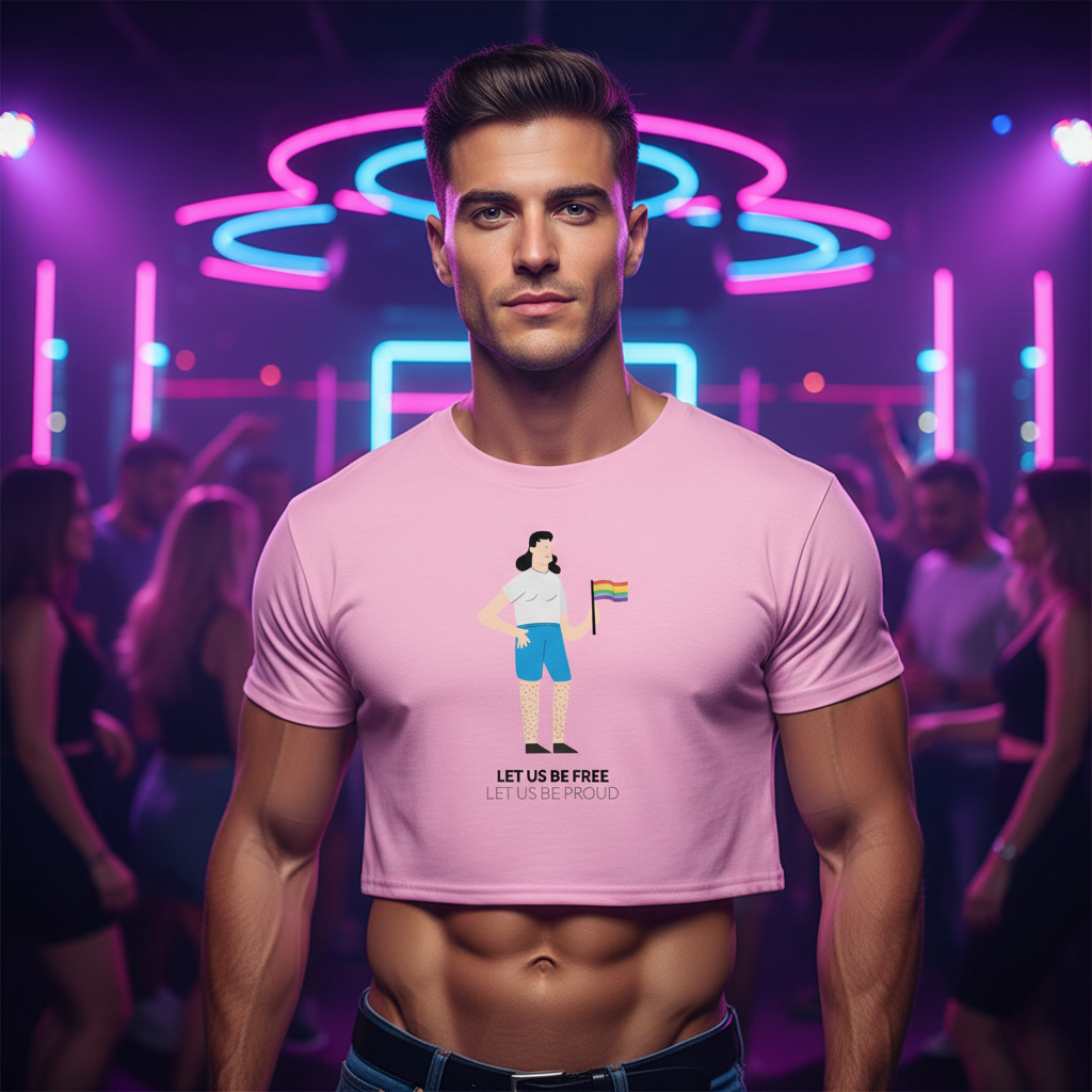 Crop top with "Let us be free, let us be proud" slogan and rainbow pride flag graphic, worn by a queer man in a neon-lit club.