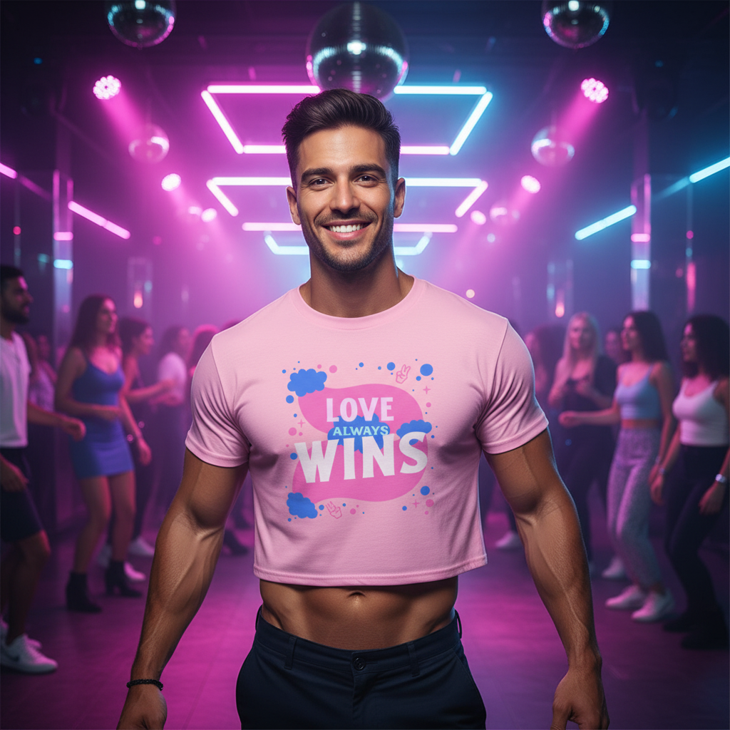 Love Always Wins Crop Top on a joyful man at a vibey queer nightclub, neon lights and disco balls glowing as the crowd celebrates.