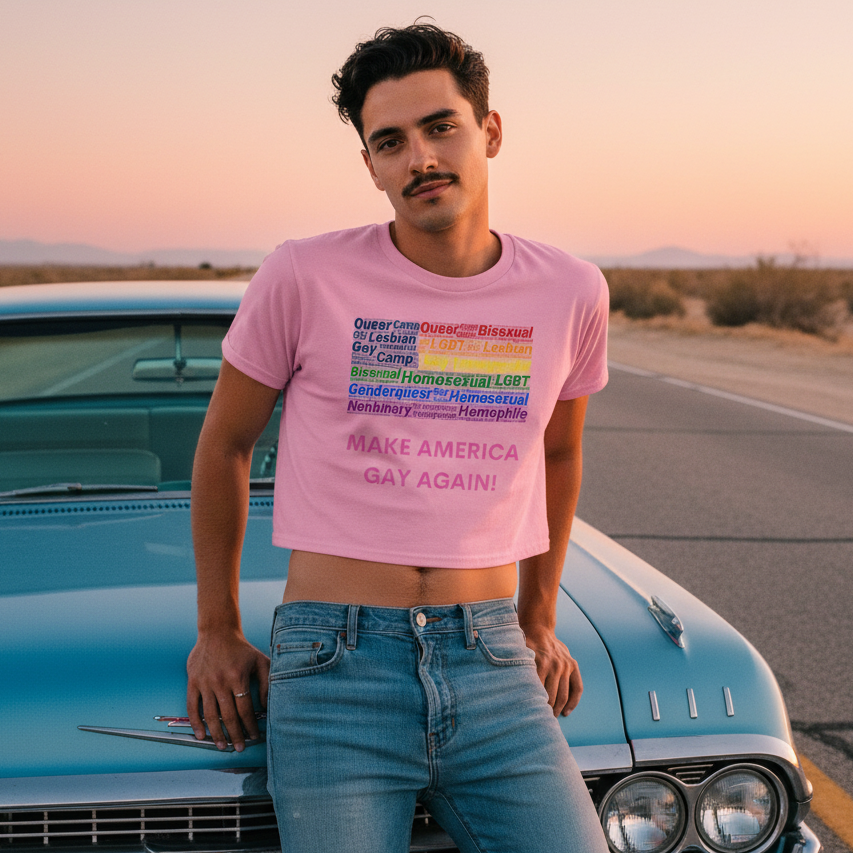 Young man in pink Make America Gay Again! Crop Top, showcasing LGBTQ identities, leans against a vintage car on a deserted road at sunset, embodying pride and self-expression.