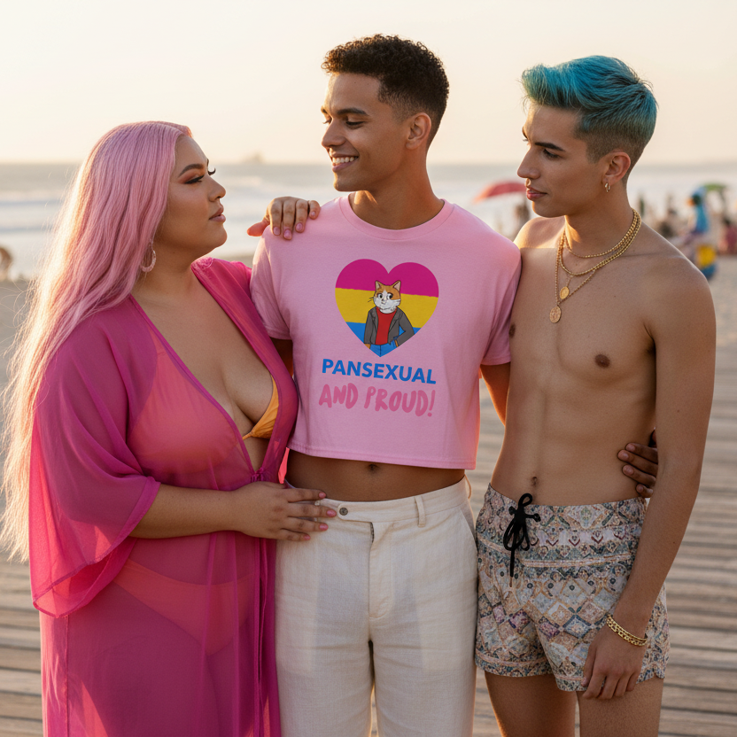 Three young adults on a beach boardwalk, the center person proudly wearing the Pansexual & Proud Crop Top featuring a heart and cat design, expressing queer confidence and self-expression.