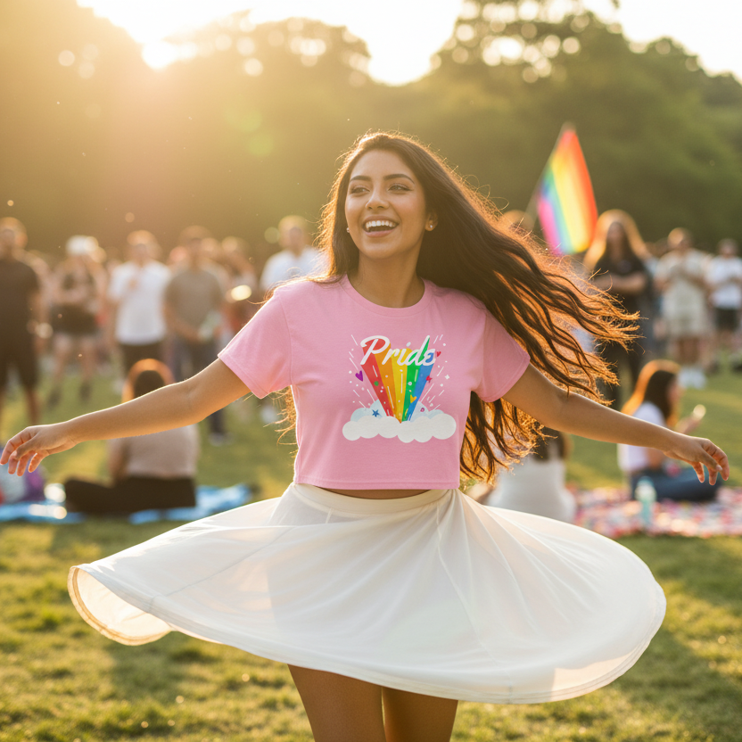 A young woman joyfully twirls in a pink Pride Rainbow Crop Top at a vibrant festival, embodying queer confidence and self-expression.