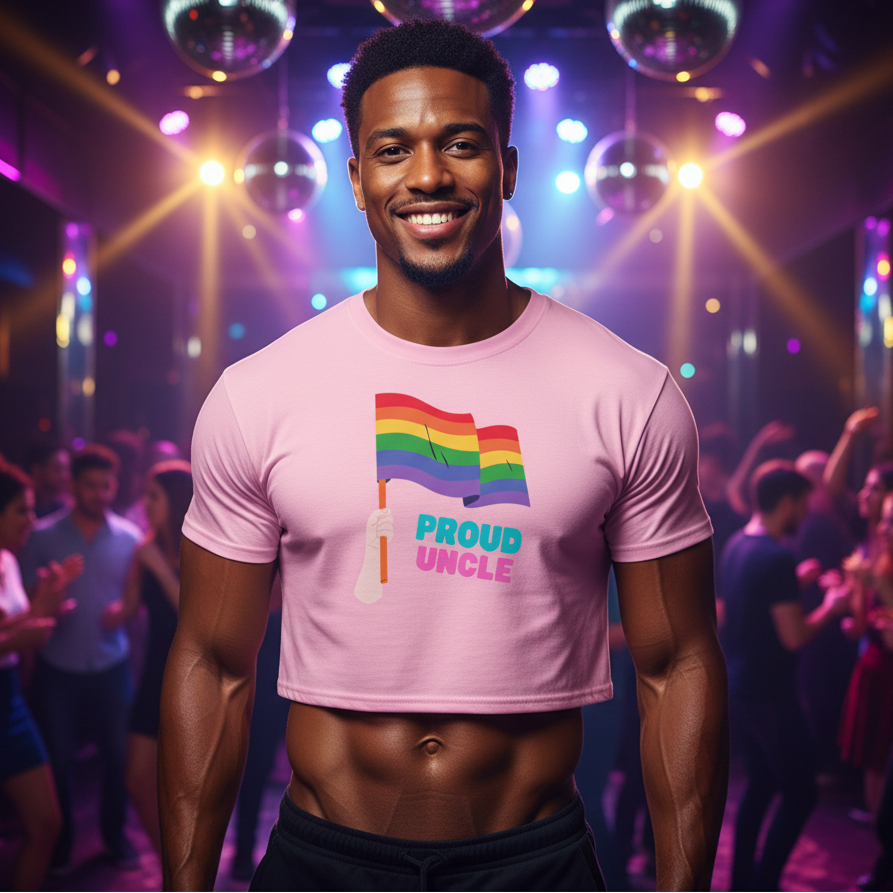 Proud Uncle Crop Top with rainbow flag, worn by a smiling man at a queer-inclusive nightclub celebration under disco balls and lights.