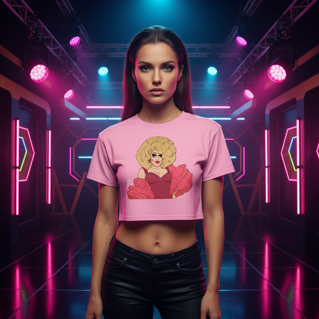 Sassy Trixie Mattel Crop Top with a graphic of a blonde queen in a red dress, modeled by a woman in neon purple and pink lighting.