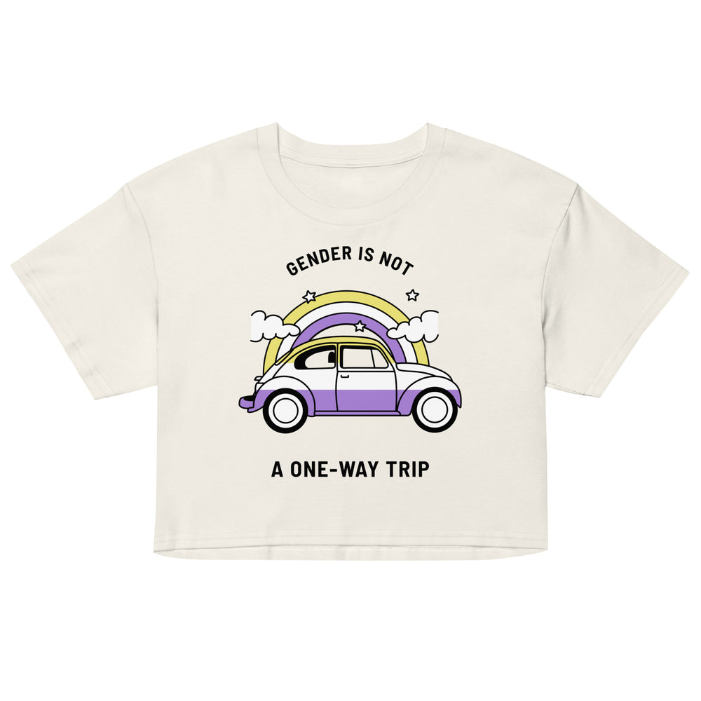 Front view of an off-white crop top reading “GENDER IS NOT A ONE-WAY TRIP” above a rainbow car