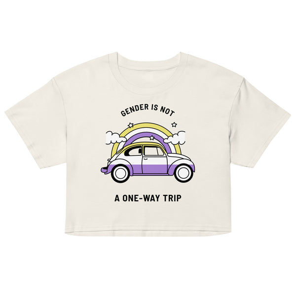 Front view of an off-white crop top reading “GENDER IS NOT A ONE-WAY TRIP” above a rainbow car
