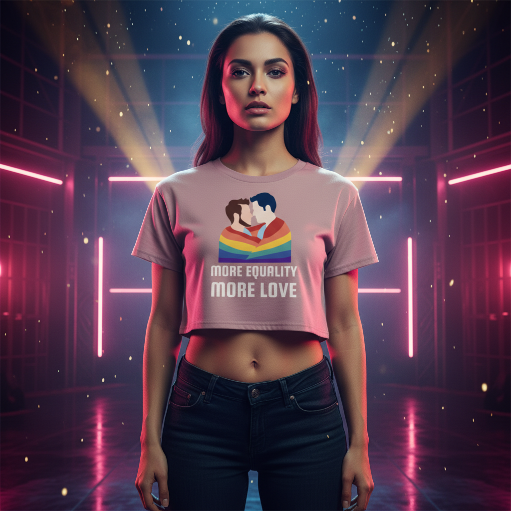 More Equality More Love crop top with two people kissing above rainbow stripes and "MORE EQUALITY MORE LOVE" text. Neon pink glow behind.