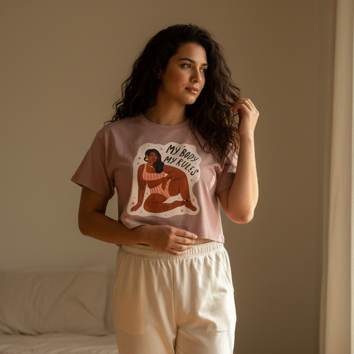 Young woman in a cozy room wearing the My Body My Rules Crop Top. Dusty-pink T-shirt, cropped fit, showcasing queer pride and empowerment with relaxed, confident styling against warm, natural light.