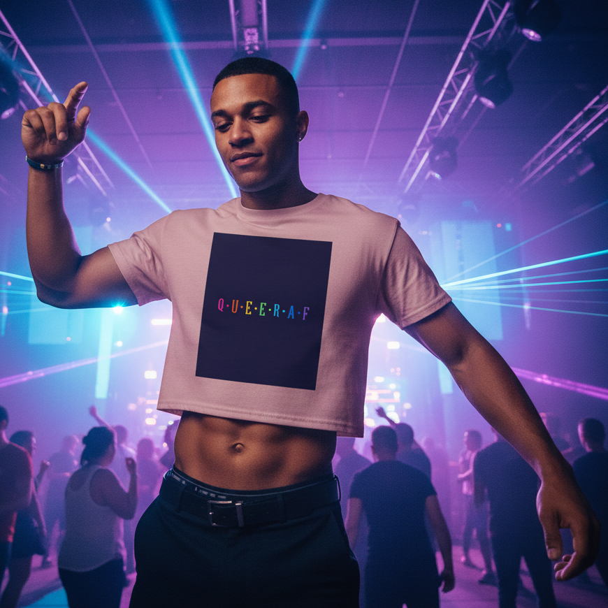 Queer Af Crop Top with bold, colorful "QUEERAF" text pops under purple club lights as queer folks dance and celebrate pride.