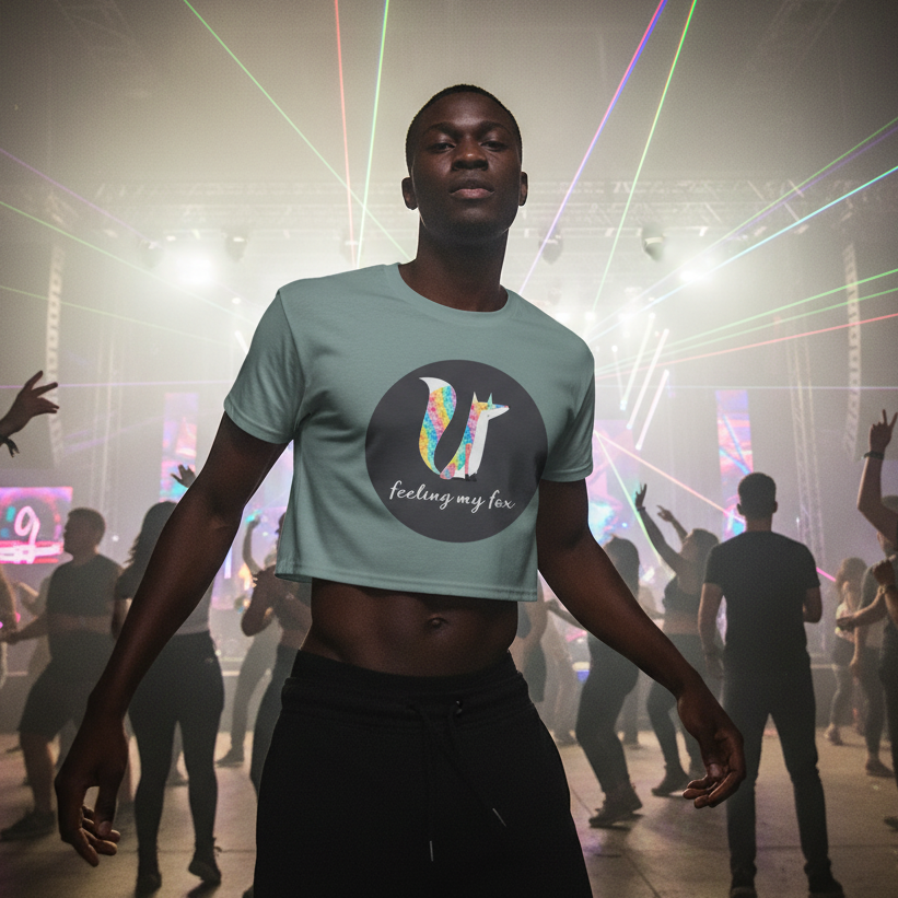 Front view of a person wearing a sage-green cropped T-shirt at a laser-lit dance party