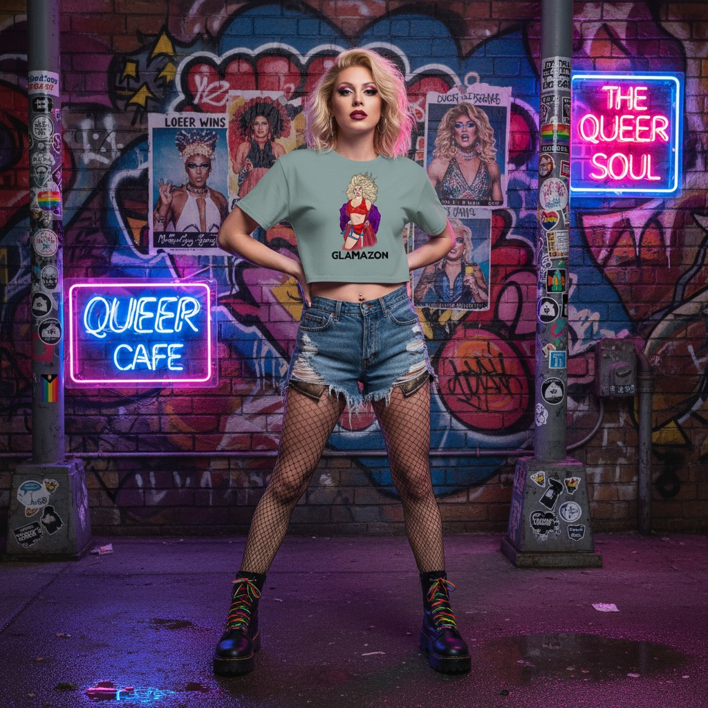 Glamazon Crop Top in relaxed fit worn with ripped denim shorts, fishnet tights, rainbow boots; neon graffiti: “QUEER CAFE,” “THE QUEER SOUL.”.