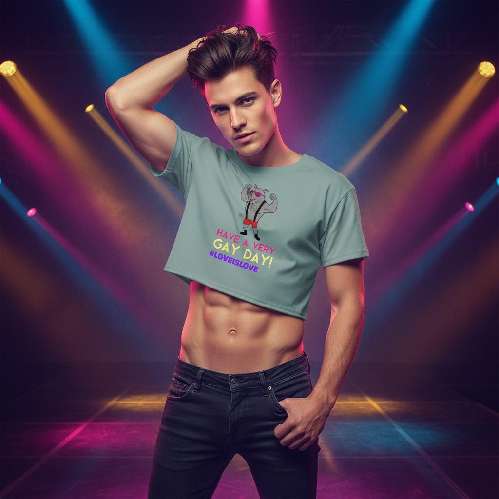 Have A Very Gay Day! crop top with cartoon art and #LoveIsLove slogan, worn by a young man on a vibrant, spotlight stage.