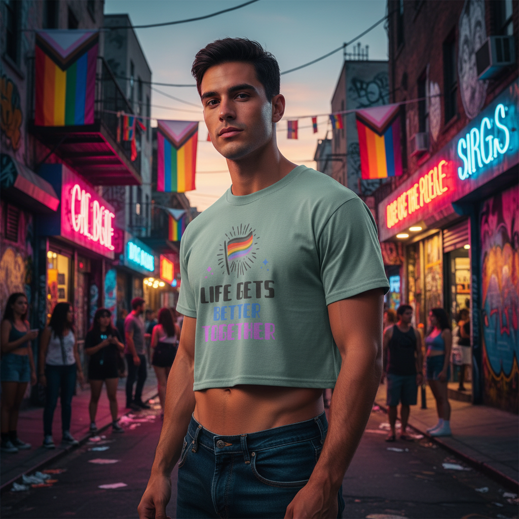Life Gets Better Together crop top with a rainbow heart on a queer guy at sunset; pride flags, graffiti street, LGBTQ+ crowd.