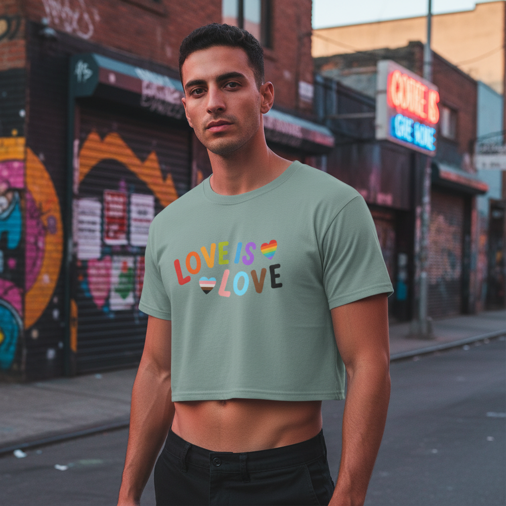 Love Is Love LGBTQ crop top with pride flag designs worn by a man, set against graffiti walls and neon-lit city streets at dusk.