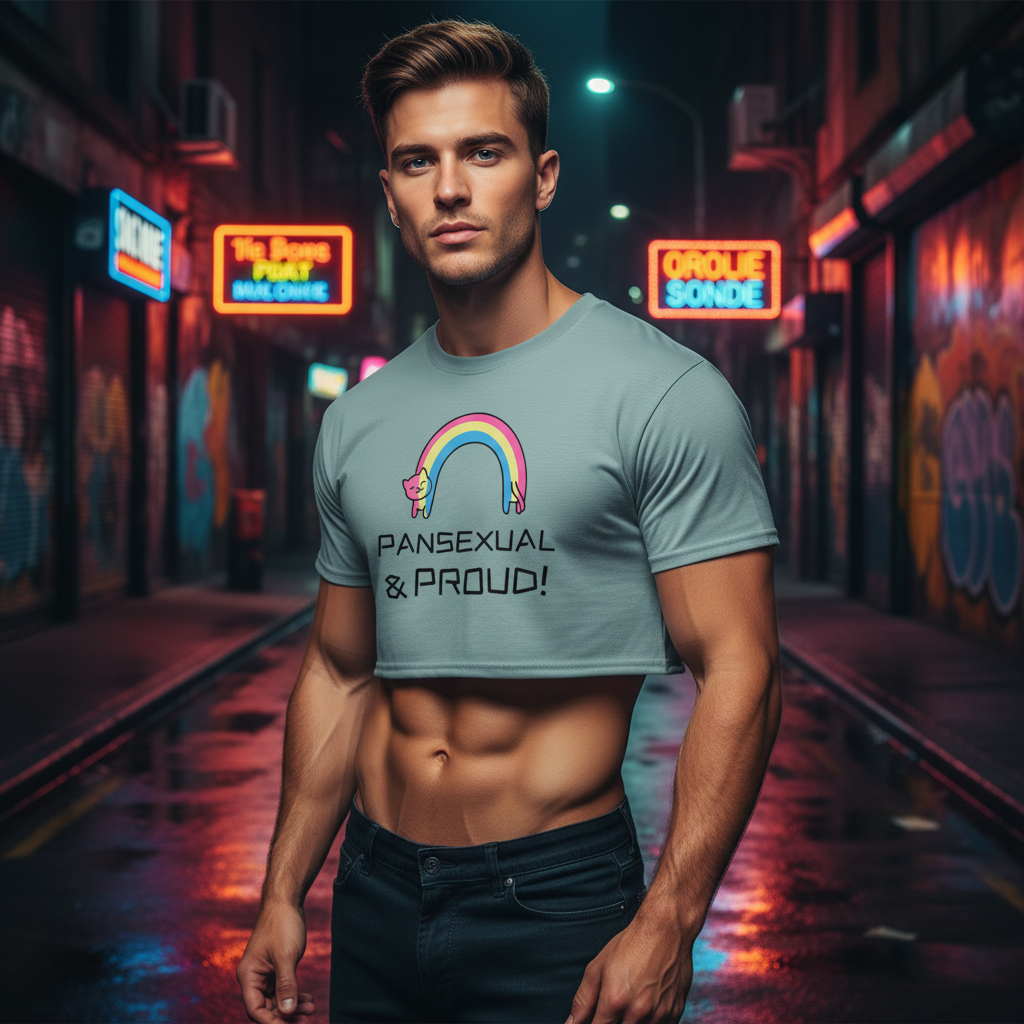 Pansexual & Proud crop top with rainbow, rocked by a confident young man in neon-soaked alley, queer vibes and graffiti glow.