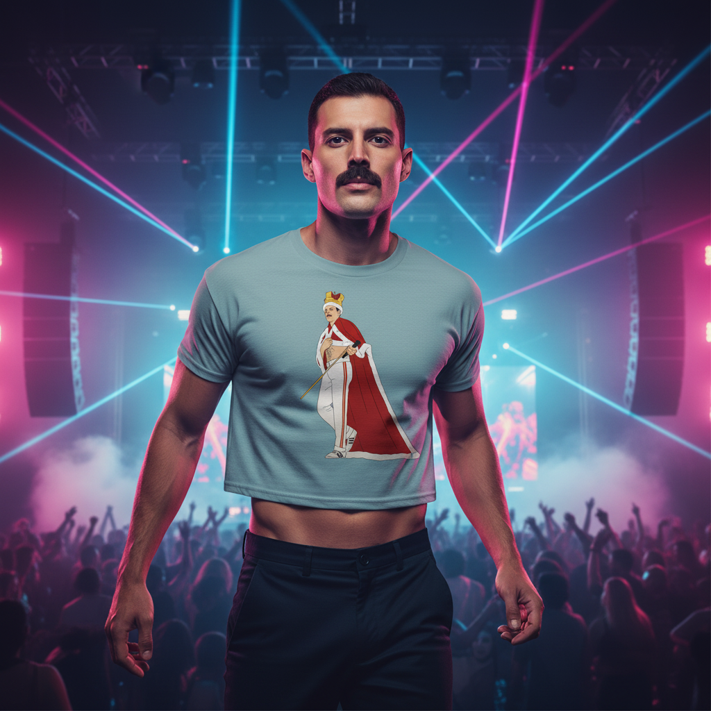 Queen Freddy Mercury Crop Top worn by a mustached man at a concert, amid pink and blue laser lights and hyped queer crowd.