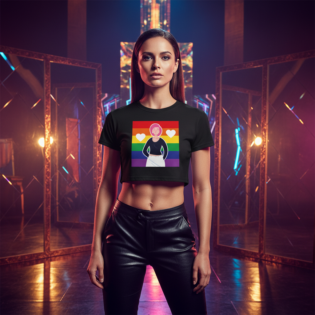 Queer Love Is Love Is Love Crop Top with hearts, rainbow pride flag, headscarf illustration; black leather pants; neon vibe.