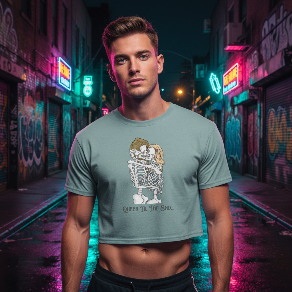 Crop top featuring the slogan "Queer Til The End" in bold lettering, entwined skeletons graphic, worn by a young man at night in a neon alley. LGBTQ message pops against graffiti and glowing signs.