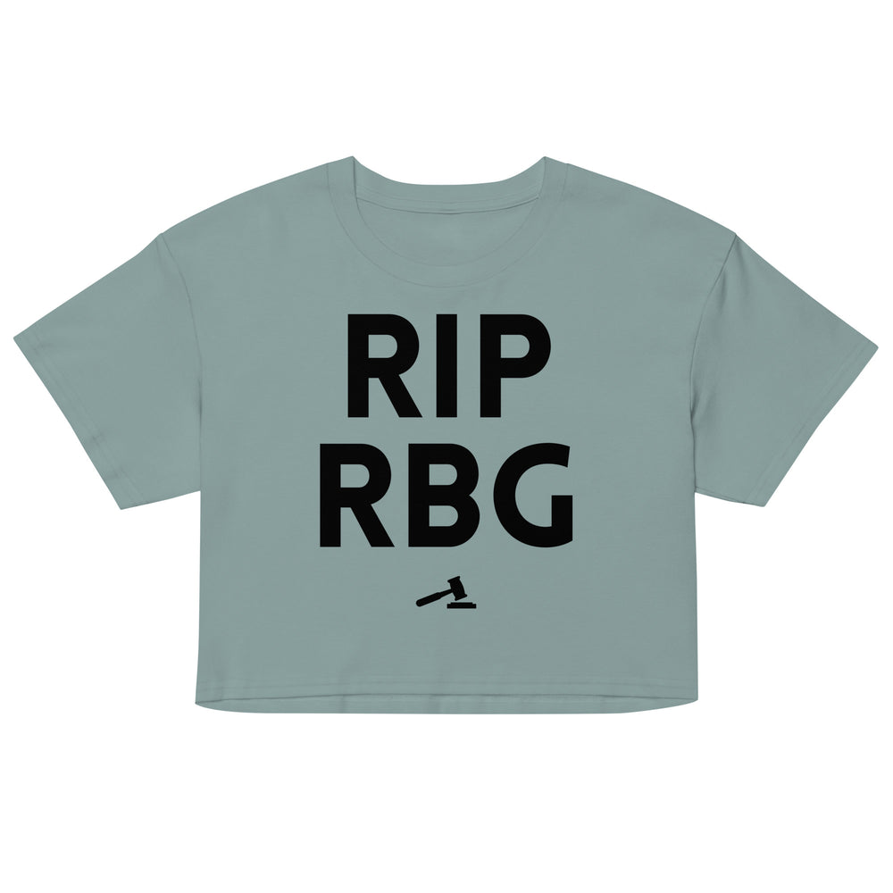 Front-view sage green crop top reading “RIP RBG” with a small gavel graphic
