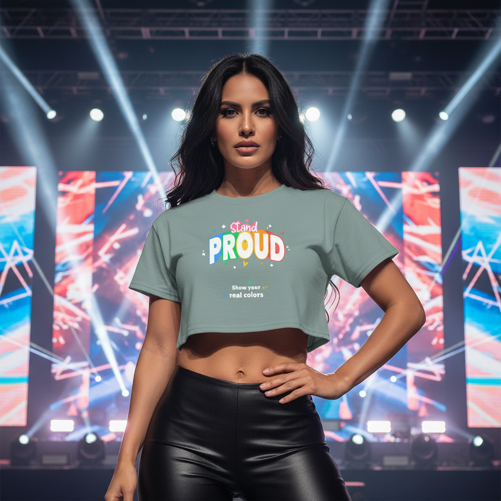 Stand Proud Crop Top with “Stand Proud, Show your real colors” in playful font, worn by a confident queer woman on stage.
