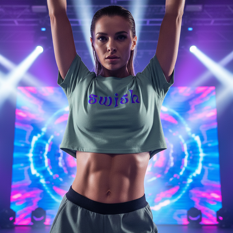A fit young woman stands in a studio, arms raised, wearing the Swish Crop Top—a loose, cropped t-shirt celebrating queer identity and self-expression with its relaxed fit and empowering style.