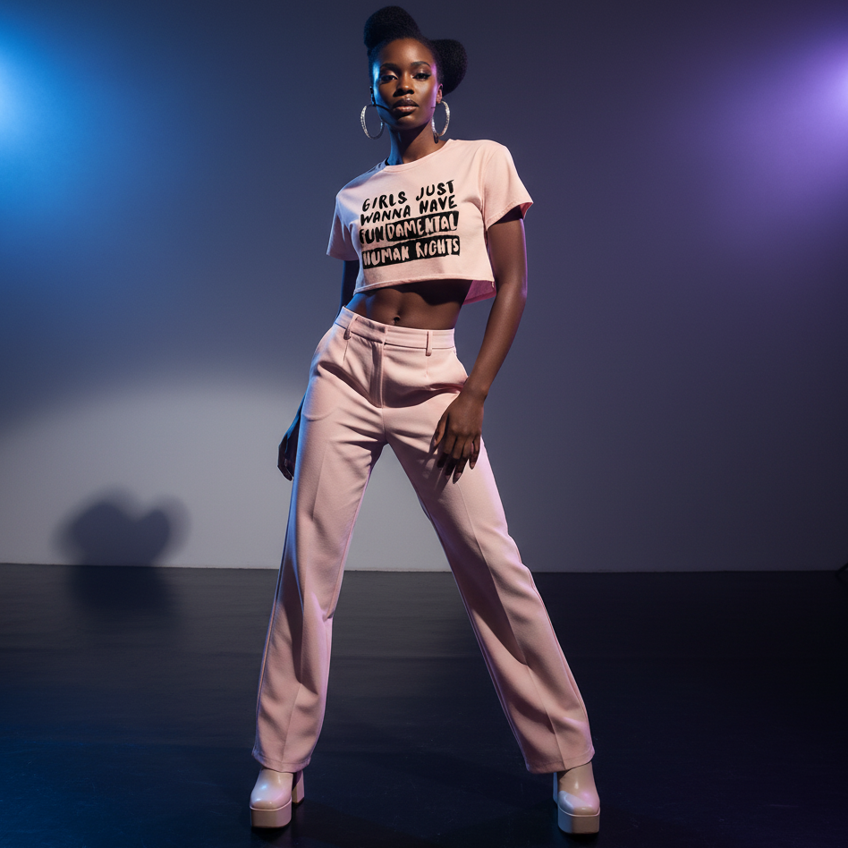 Crop top reading "Girls Just Wanna Have Fundamental Human Rights" worn by a Black woman in high-waisted pants, platform shoes, hoops; queer vibe in moody blue-purple light.