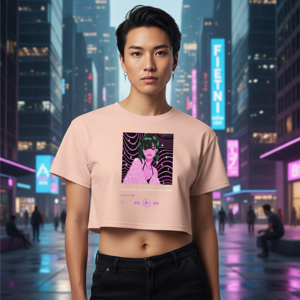 Guaranteed, I Can Blow Your Mind...Mwah! Crop Top," relaxed fit, soft cotton with anime art, worn in a neon city street scene.