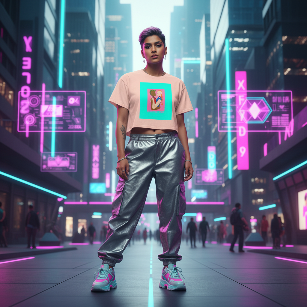 Hearts Not Parts crop top and shiny silver pants on a short-haired person, rocking colorful sneakers under neon pink and blue signs.